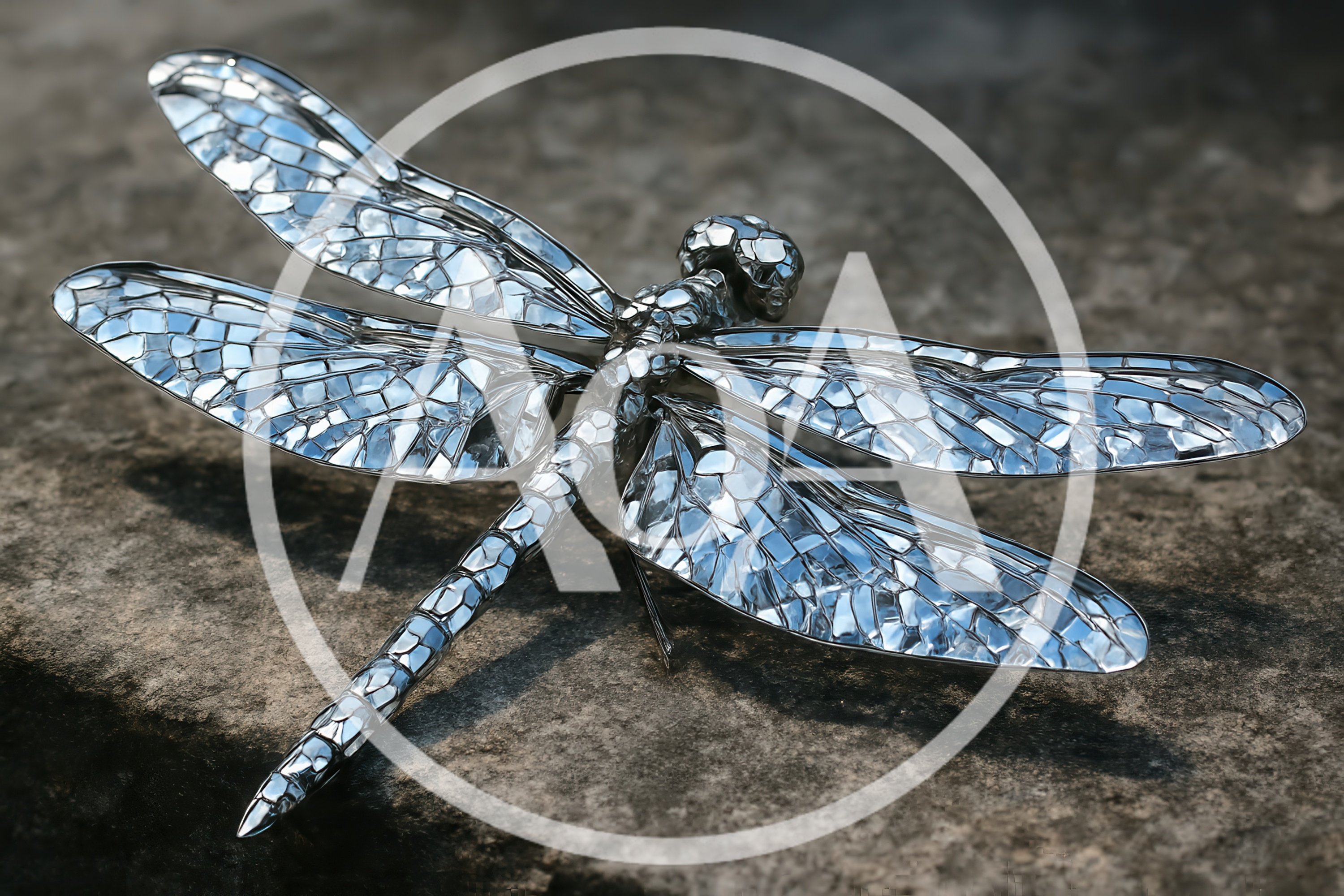Silver Dragonfly Sculpture Resting On A Stone Surface