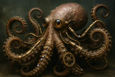 Steampunk Mechanical Octopus Sculpture With Intricate Brass Details