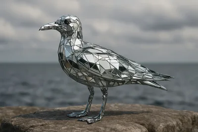 Mirrored Geometric Seagull Sculpture On A Rocky Shore