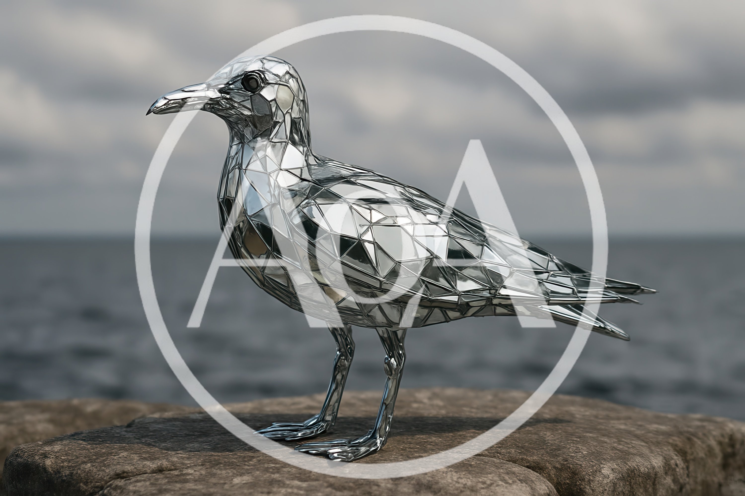 Mirrored Geometric Seagull Sculpture On A Rocky Shore