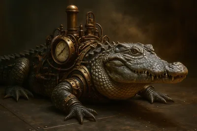 Steampunk Alligator With Mechanical Clockwork Gear Apparatus