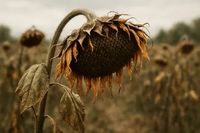 Withered Sunflower In A Dry Autumn Field