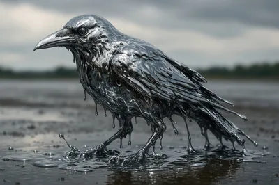 Liquid Silver Raven Standing On Dark Ground