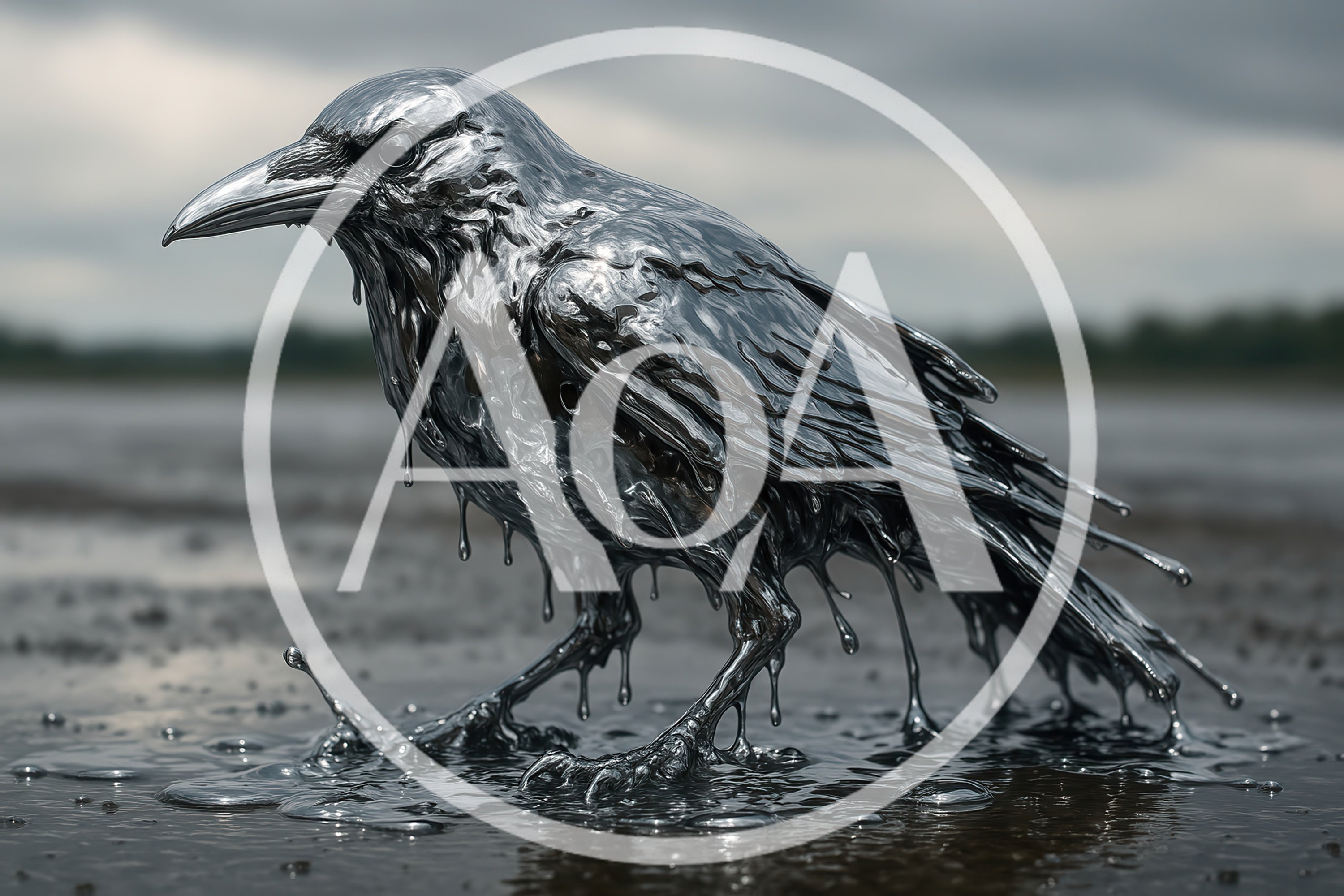 Liquid Silver Raven Standing On Dark Ground