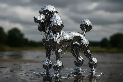 Liquid Chrome Poodle Sculpture Standing Outdoors