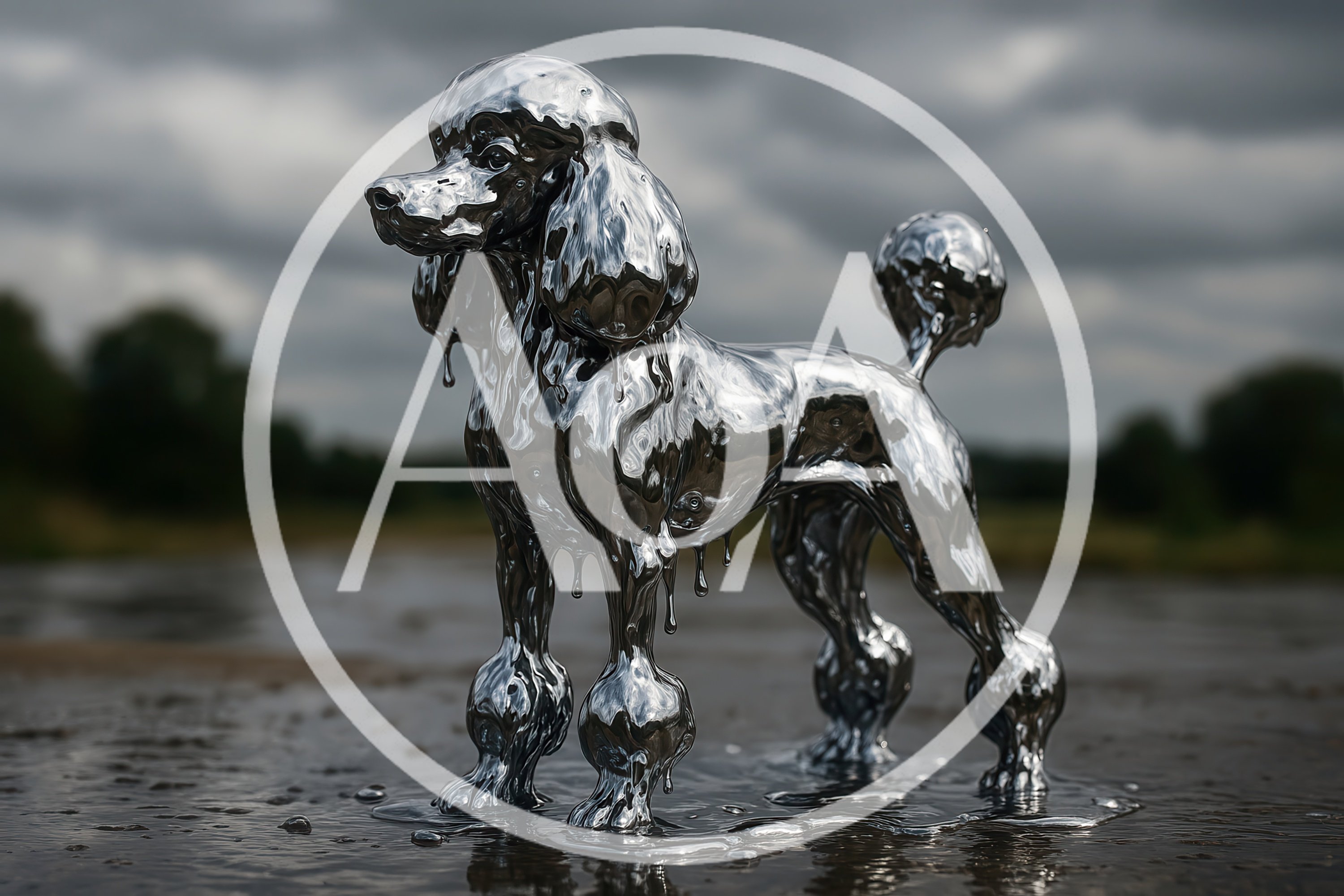 Liquid Chrome Poodle Sculpture Standing Outdoors