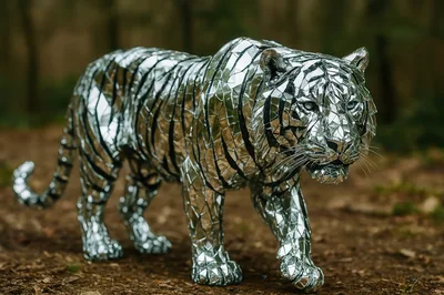 Mirrored Mosaic Tiger Sculpture Standing In Forest