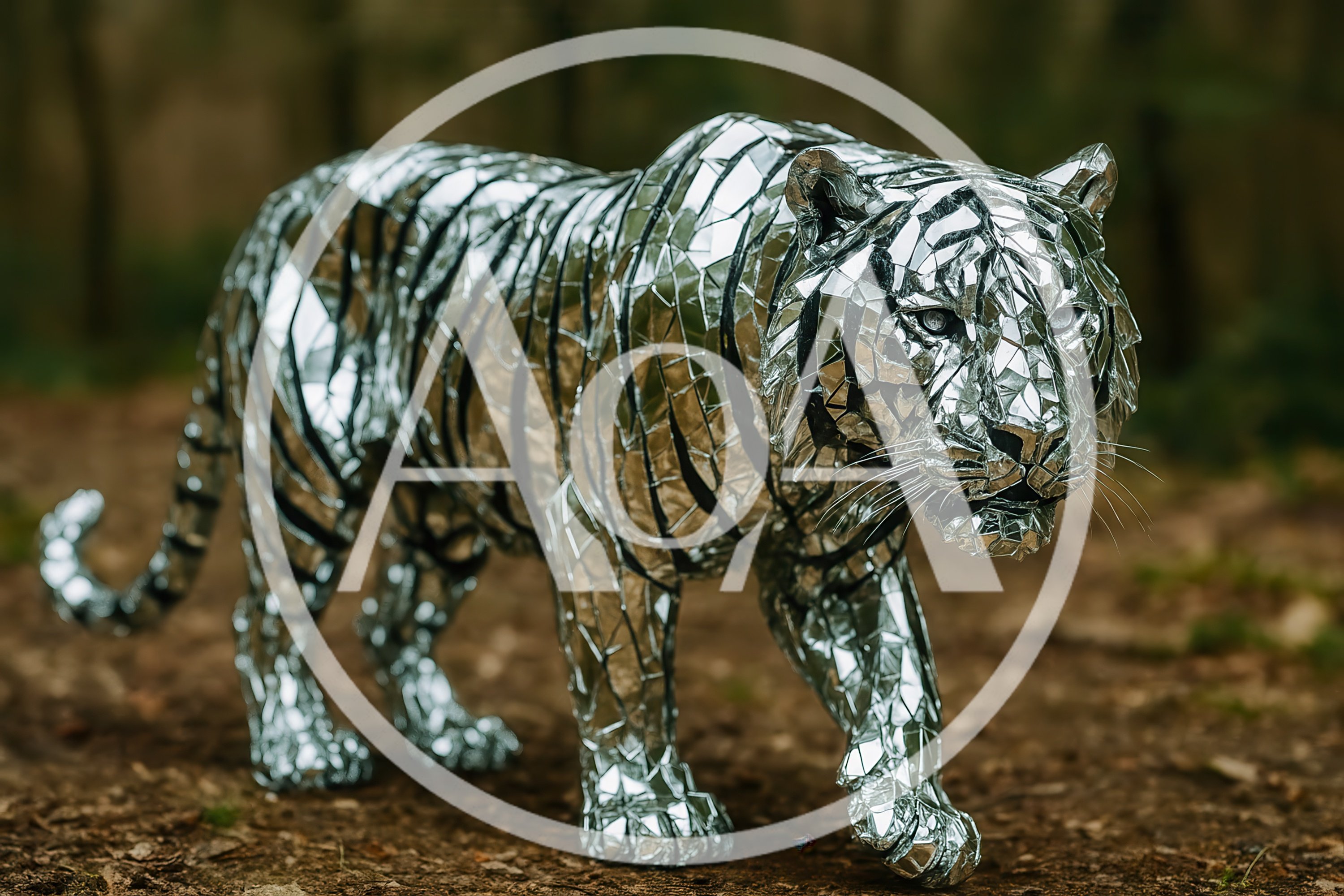 Mirrored Mosaic Tiger Sculpture Standing In Forest