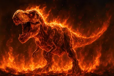 Fiery Tyrannosaurus Rex Roaring In Intense Flames