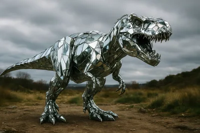 Metallic T-Rex Sculpture Standing In A Field