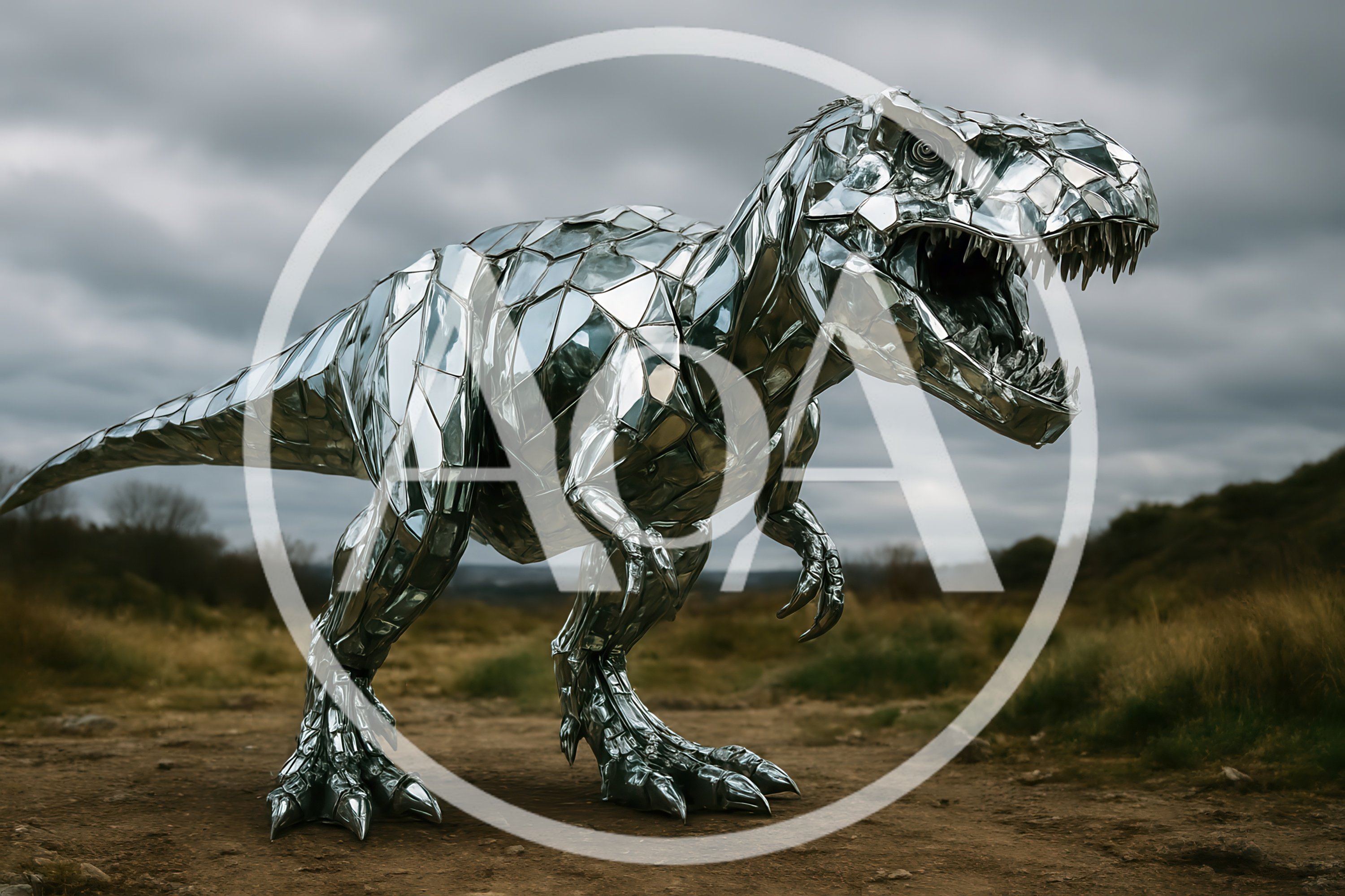 Metallic T-Rex Sculpture Standing In A Field