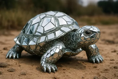 Mirrored Mosaic Turtle Walking On Sandy Ground