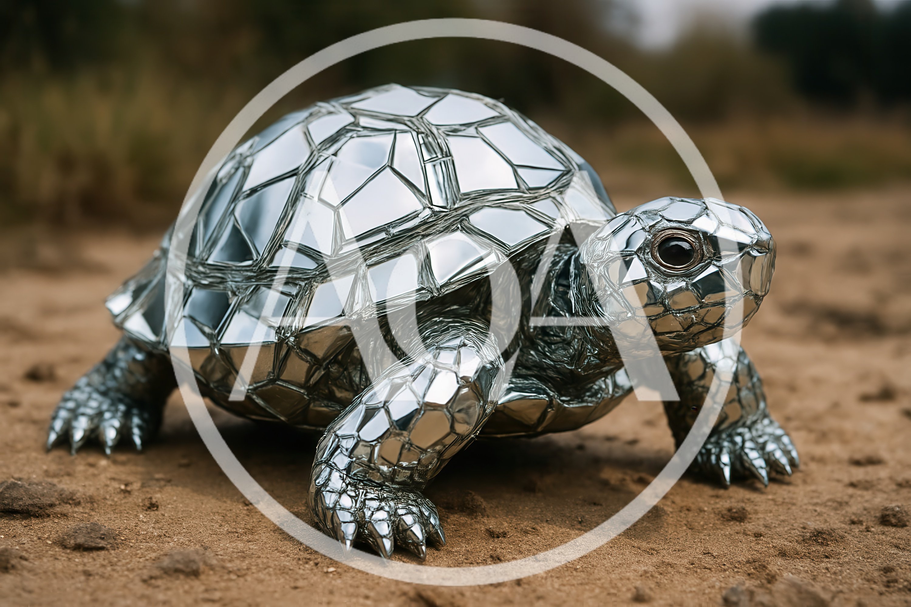 Mirrored Mosaic Turtle Walking On Sandy Ground