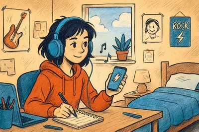 Teenage Girl Studying While Listening To Music