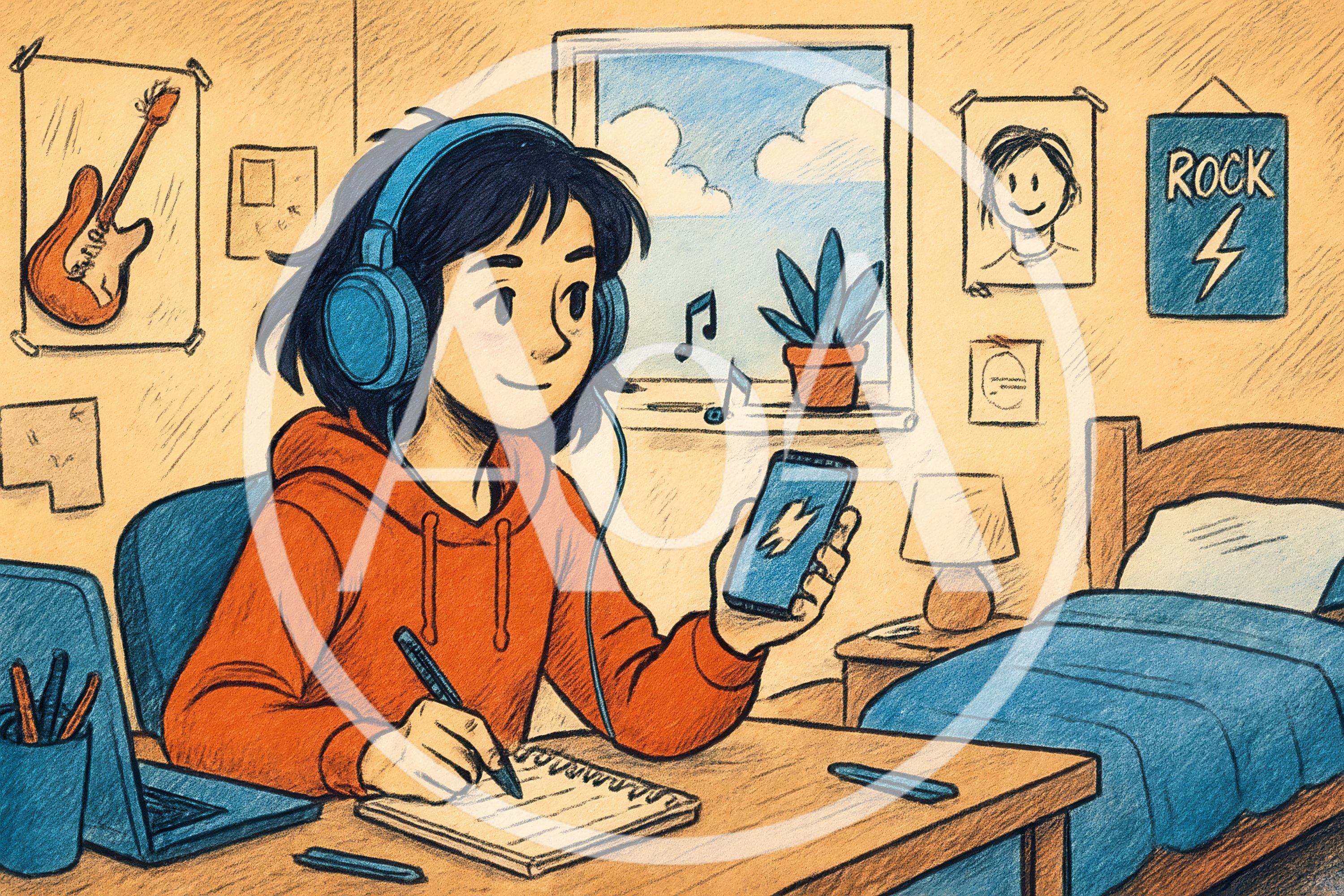 Teenage Girl Studying While Listening To Music
