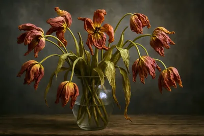 Wilted Tulips In A Glass Vase Still Life