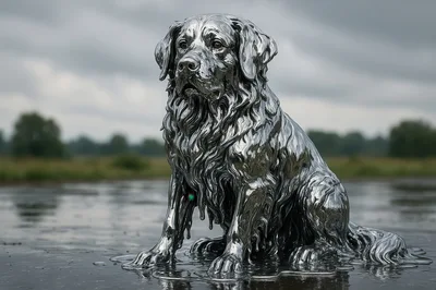 Liquid Silver Sculpture Of A Golden Retriever Dog