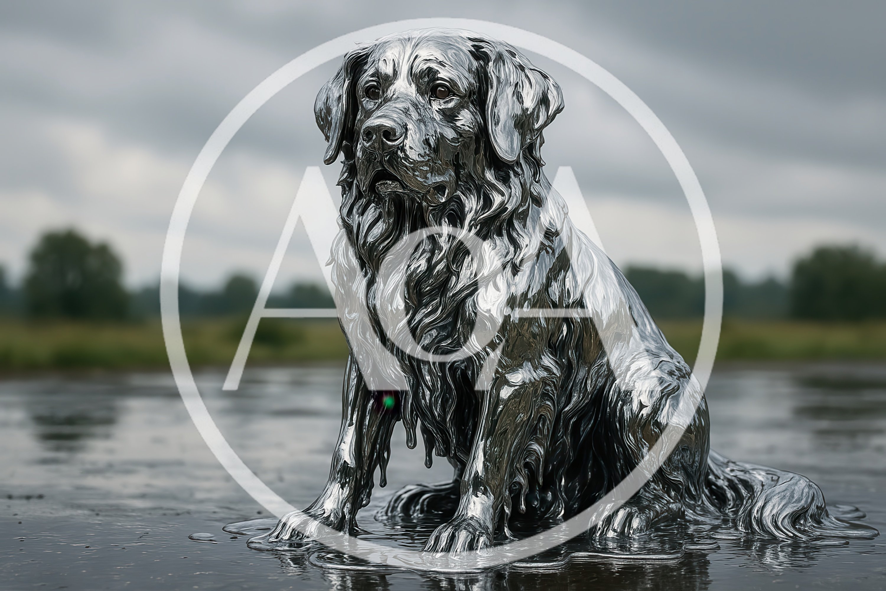 Liquid Silver Sculpture Of A Golden Retriever Dog