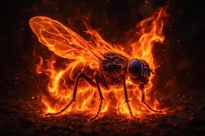 Fiery Housefly Engulfed In Intense Burning Flames