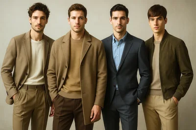 Four Stylish Men Standing In Professional Studio Portrait