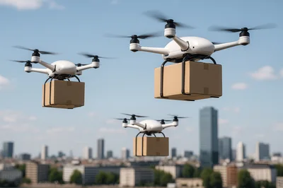 Three Delivery Drones Carrying Packages Over City Skyline
