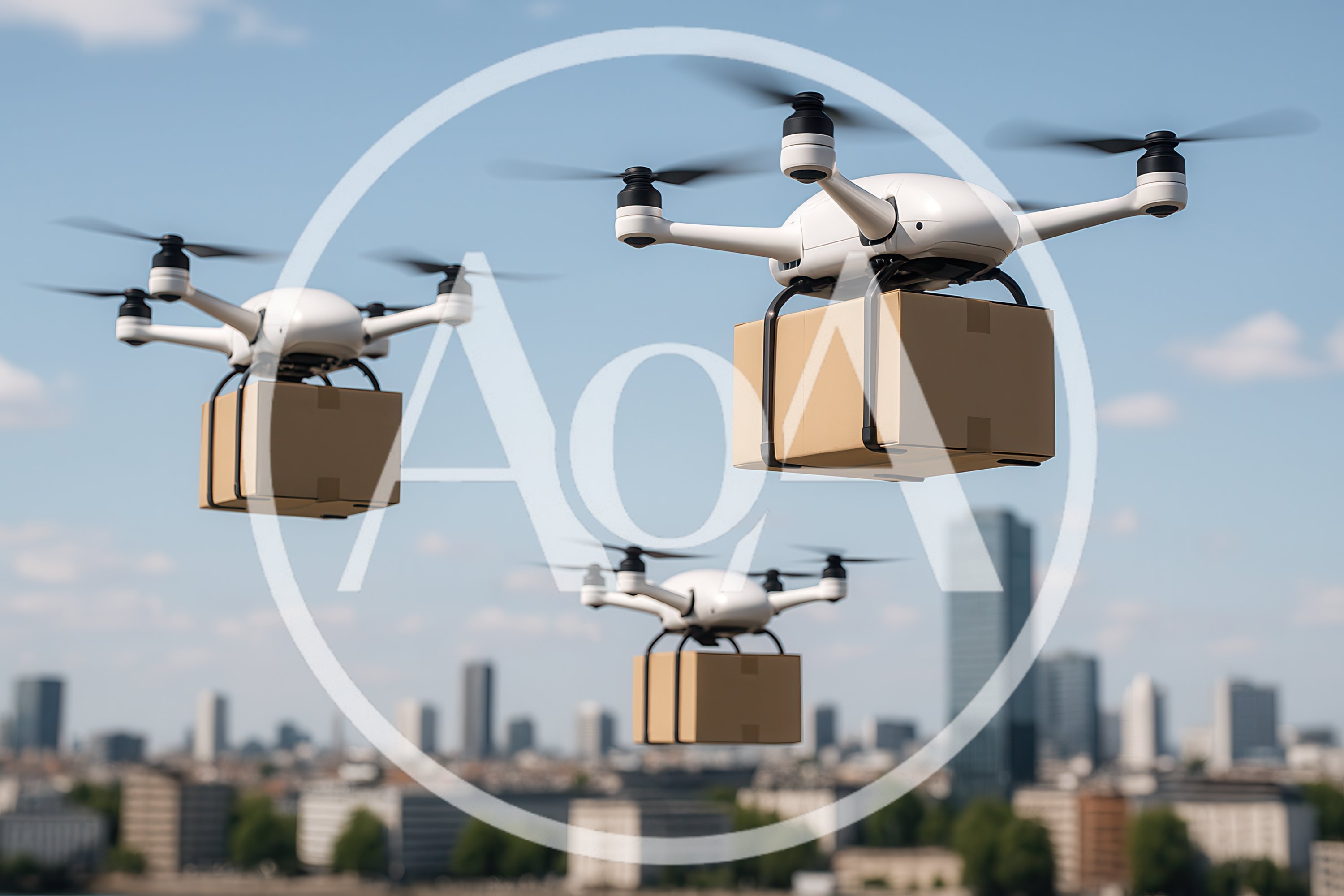 Three Delivery Drones Carrying Packages Over City Skyline