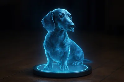 Holographic Dachshund Dog Projection On Dark Background