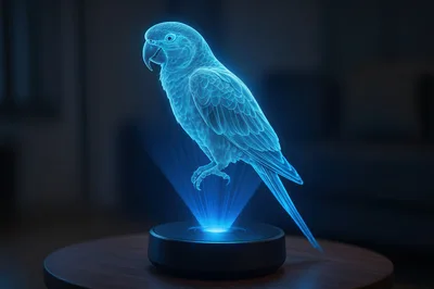 Holographic Parrot Projection On A Dark Table