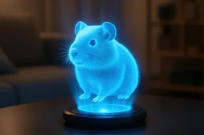 Glowing Blue Holographic Hamster Projection On Table