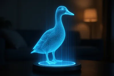 Holographic Wireframe Duck Projection On A Dark Table