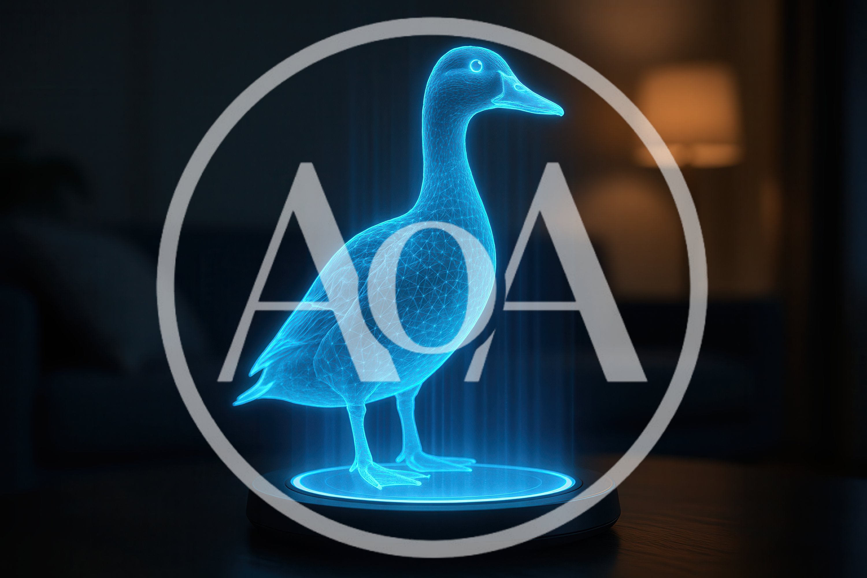 Holographic Wireframe Duck Projection On A Dark Table