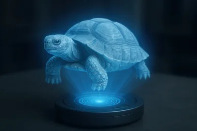 Holographic Tortoise Projection Above A Futuristic Circular Base