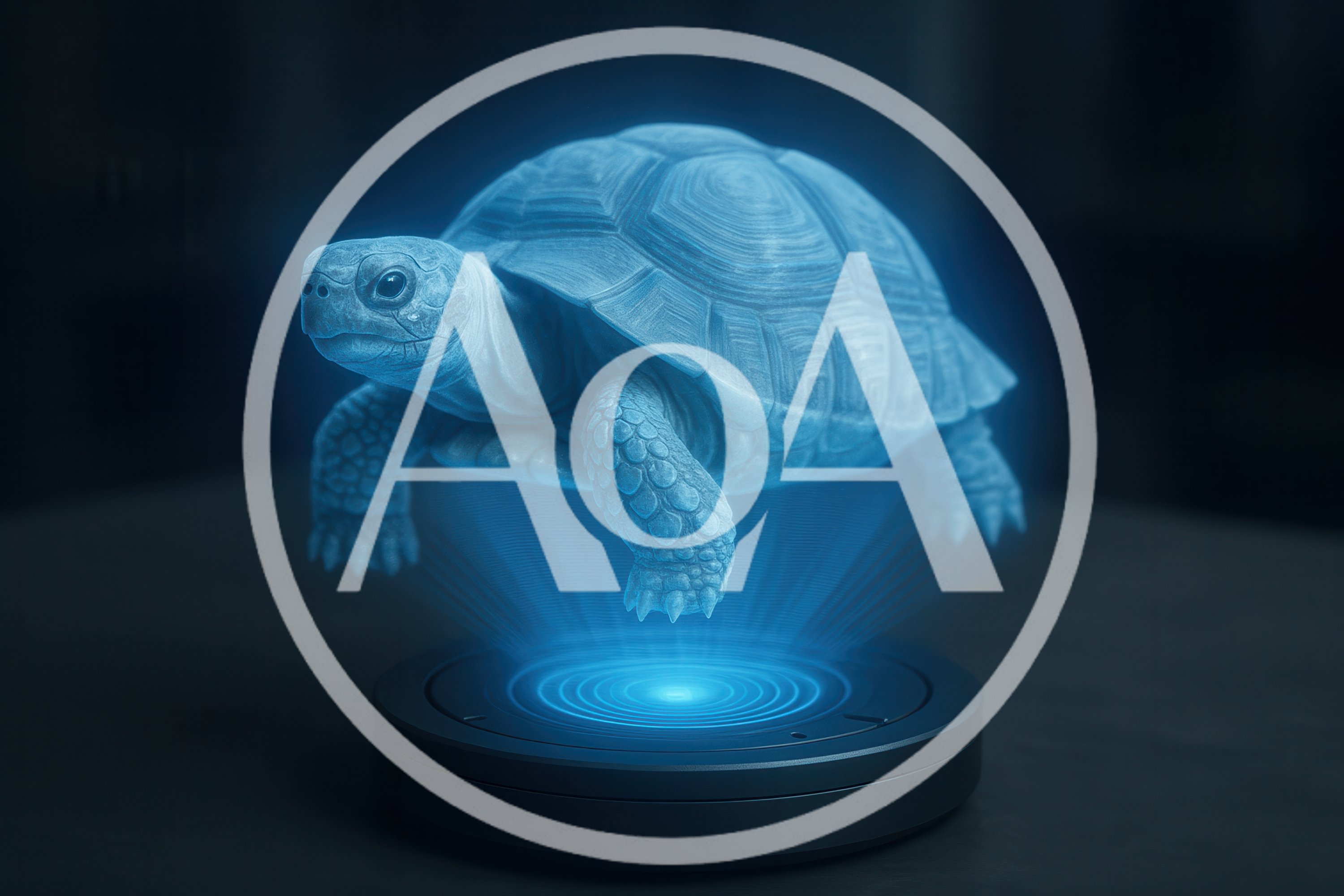 Holographic Tortoise Projection Above A Futuristic Circular Base