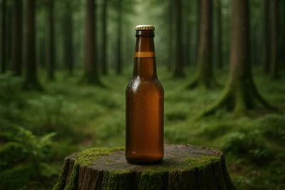 Brown Beer Bottle Standing On A Mossy Tree Stump