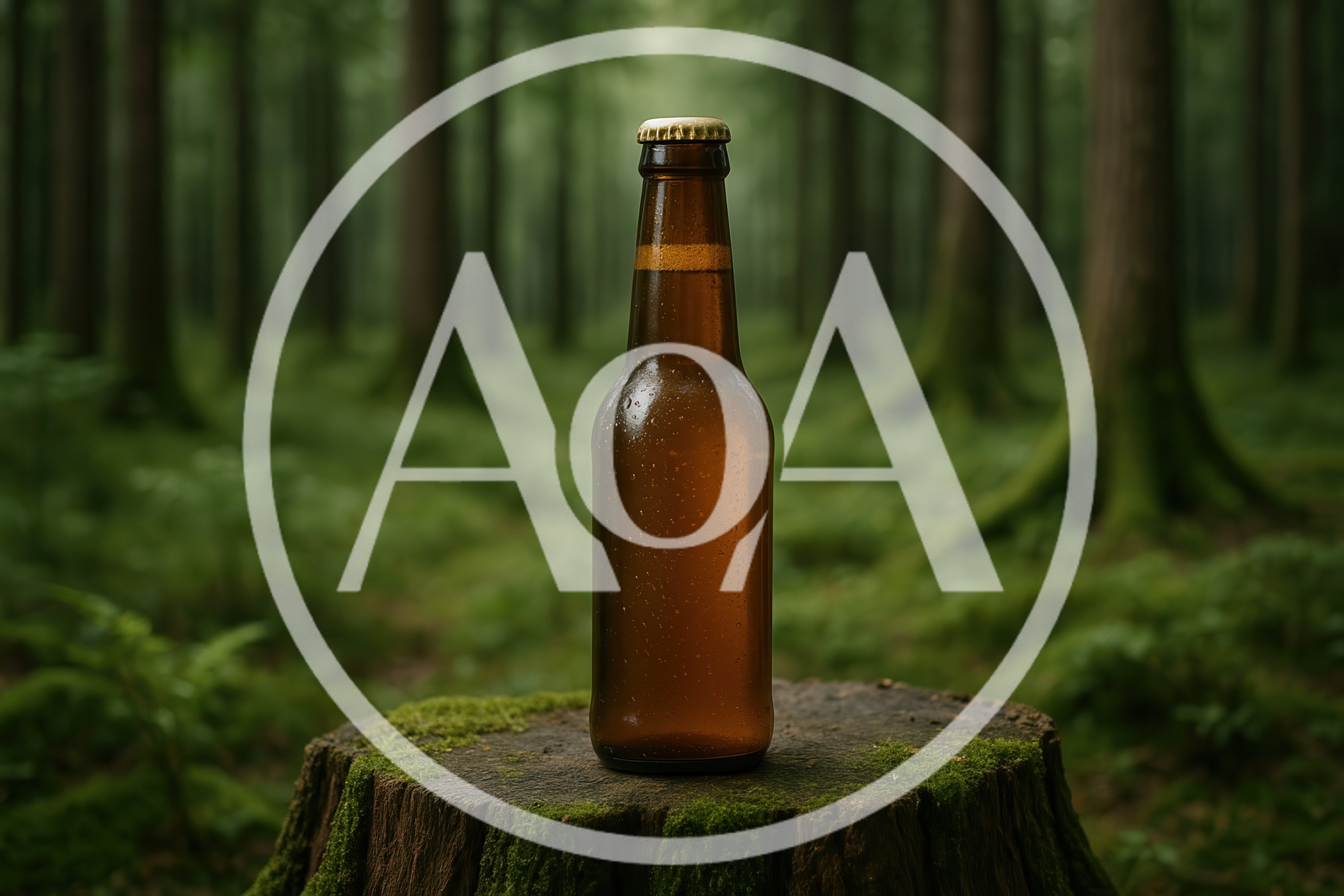 Brown Beer Bottle Standing On A Mossy Tree Stump