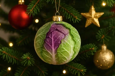 Cabbage Shaped Christmas Ornament Hanging On Tree