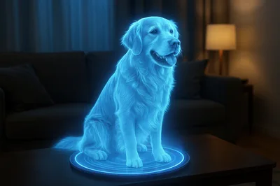 Holographic Golden Retriever Sitting On A Living Room Table
