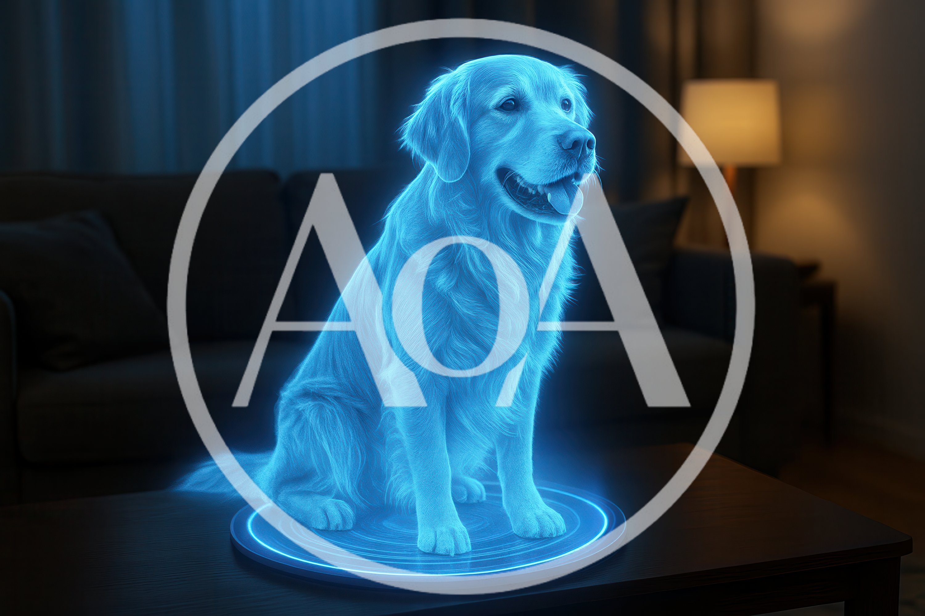 Holographic Golden Retriever Sitting On A Living Room Table