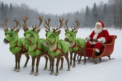 Santa Claus Riding Sleigh Pulled By Cabbage Reindeer