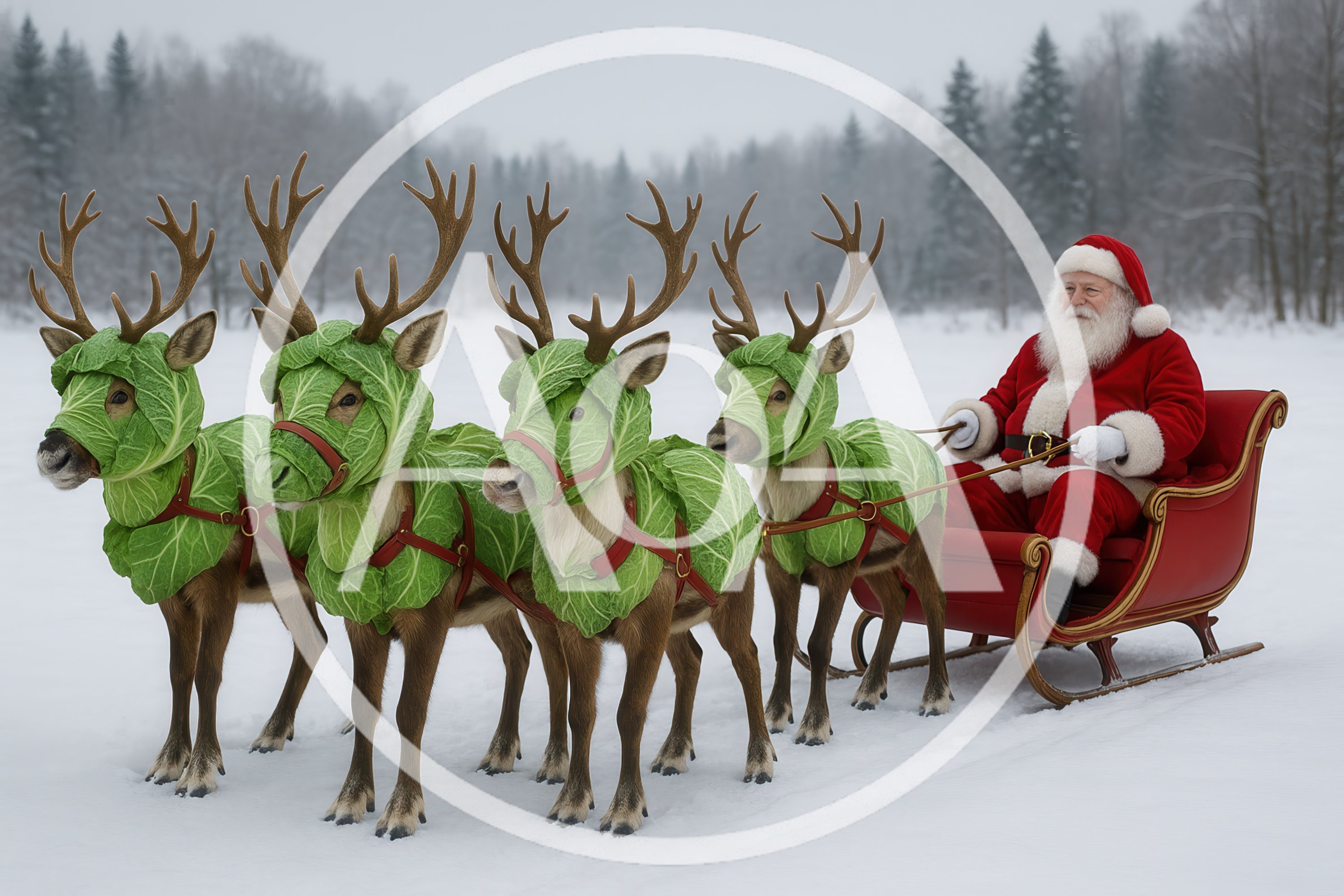 Santa Claus Riding Sleigh Pulled By Cabbage Reindeer