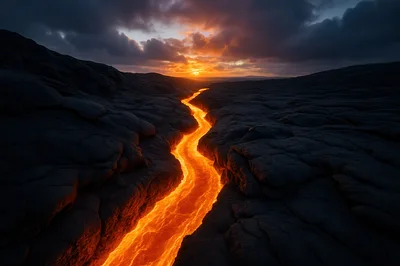 Molten Lava Flowing Through Volcanic Rock Landscape