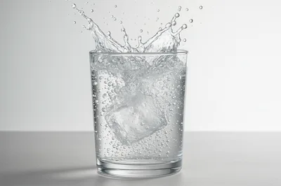 Ice Cube Dropping Into A Glass Of Sparkling Water