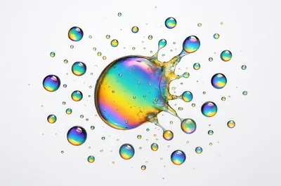 Iridescent Liquid Splash With Floating Colorful Bubbles