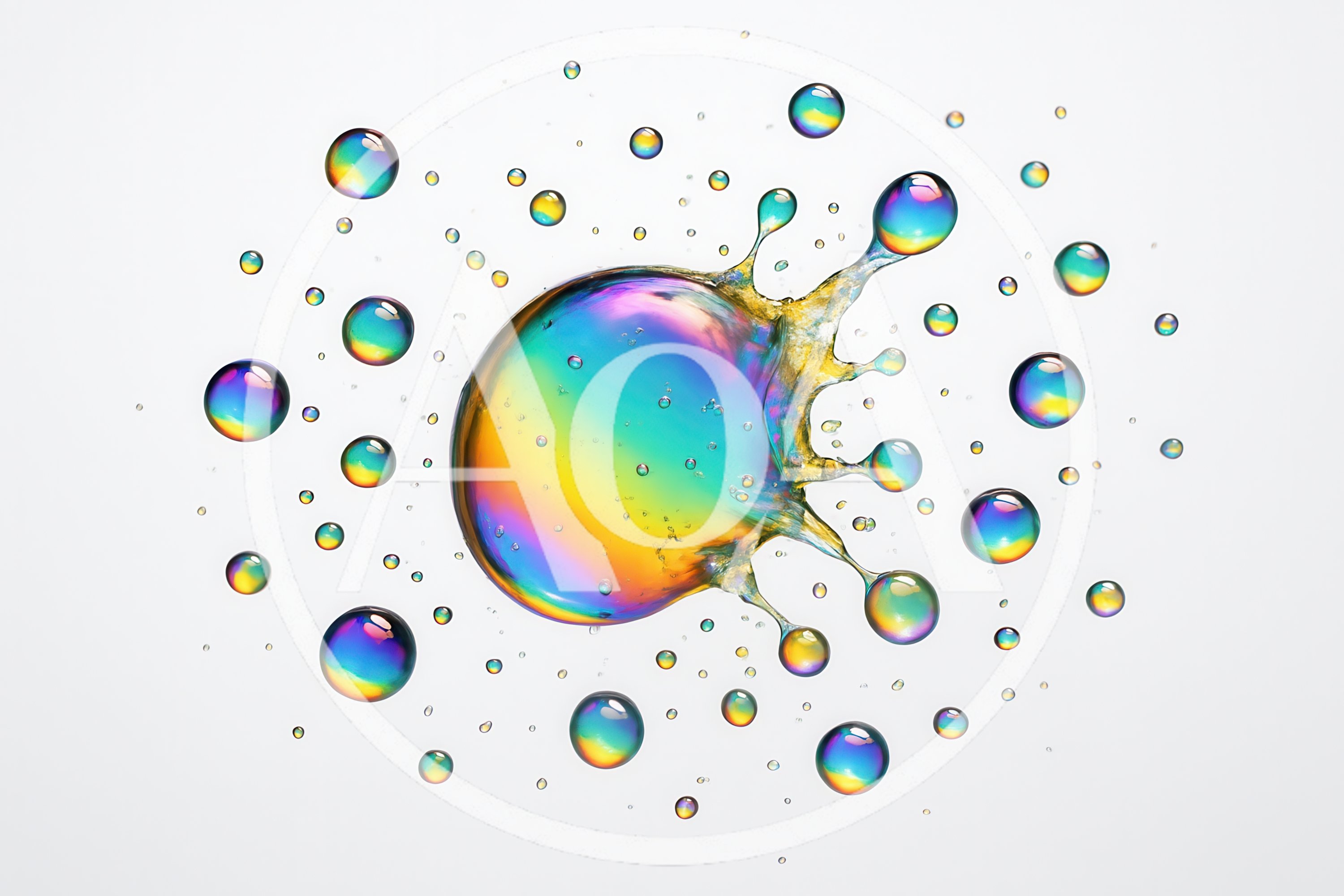 Iridescent Liquid Splash With Floating Colorful Bubbles