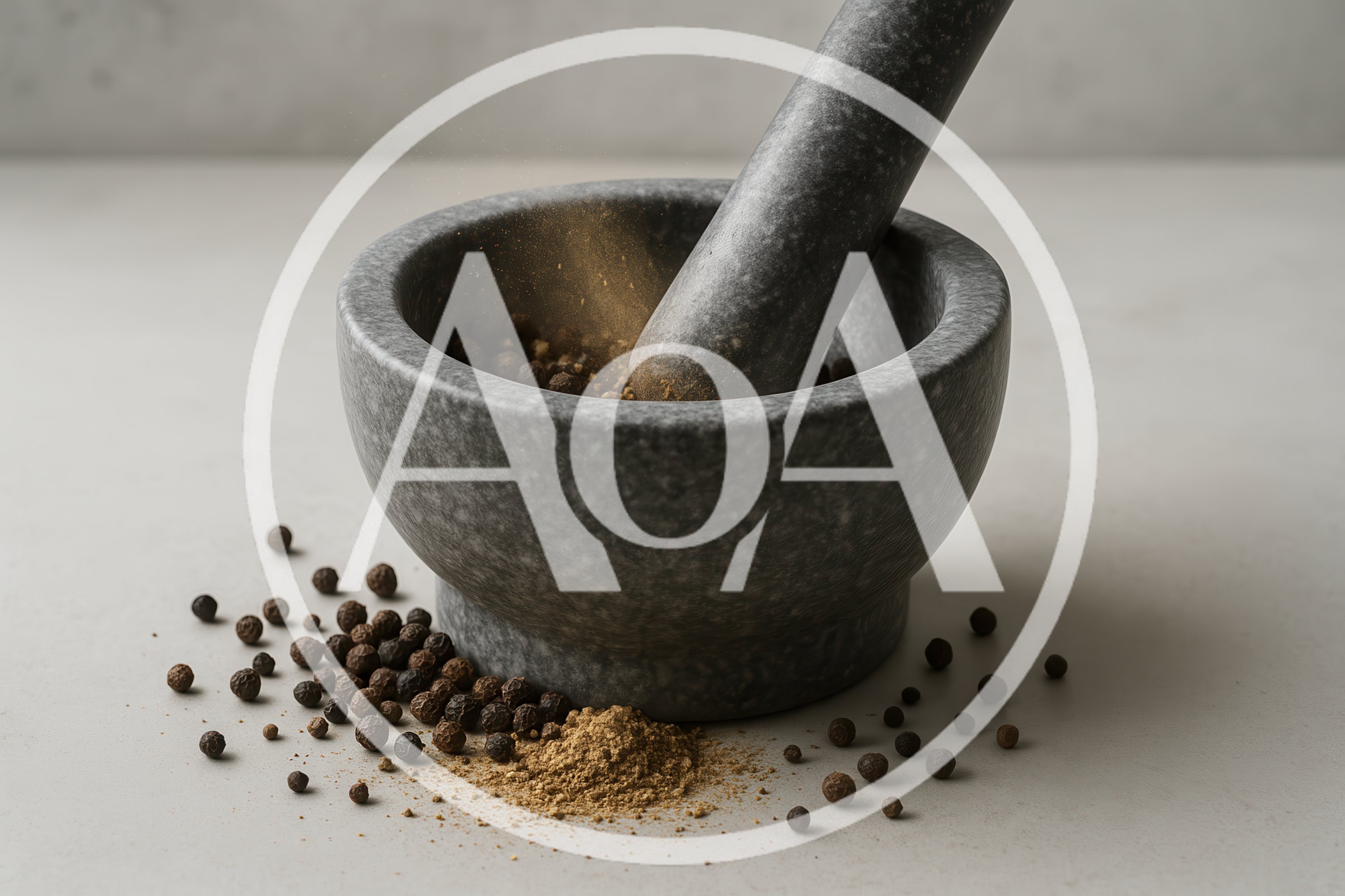 Stone Mortar and Pestle Grinding Black Peppercorns