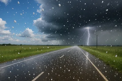 Severe Hailstorm Over Rural Road With Lightning Strike