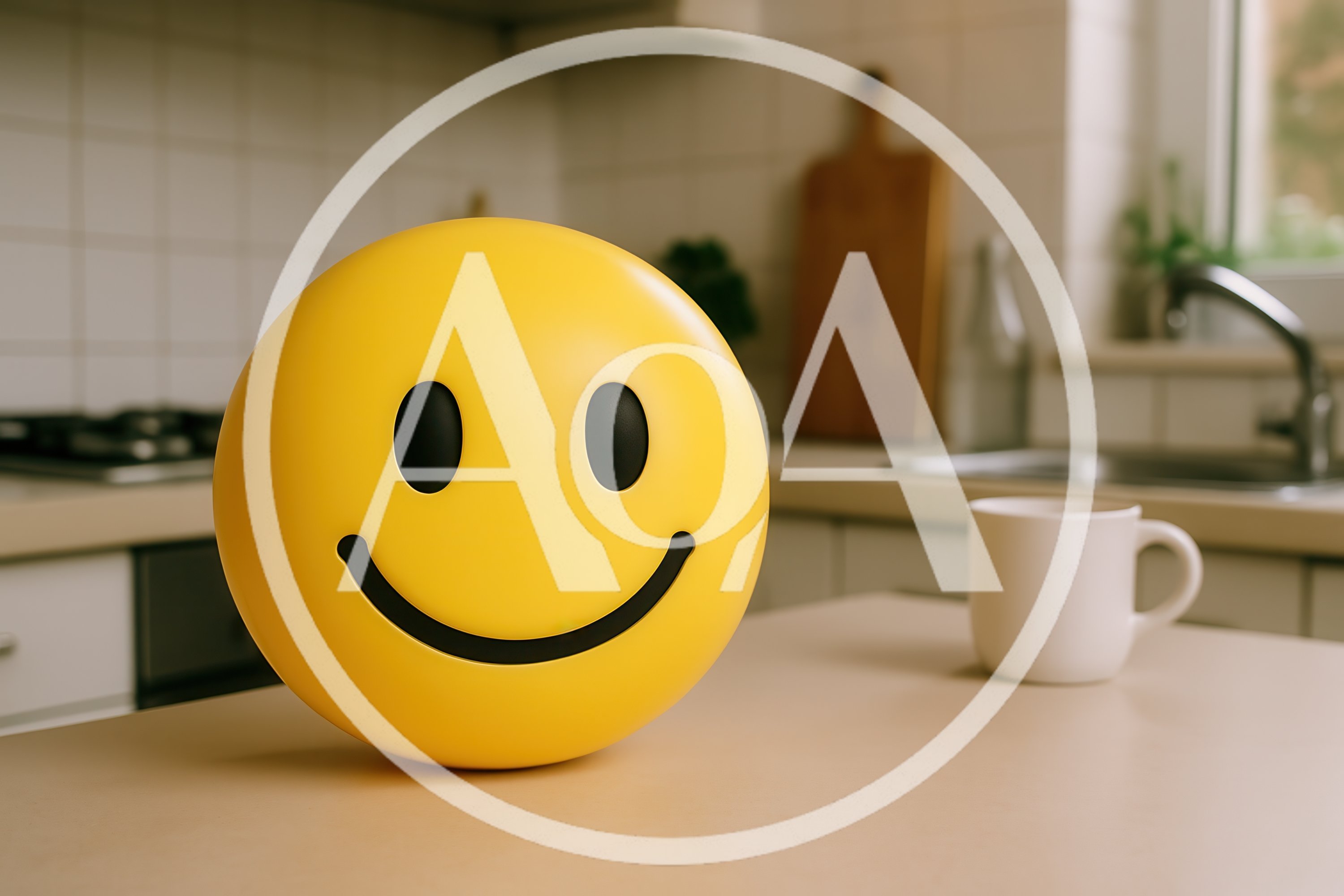 Yellow Smiley Face Emoji On Kitchen Counter