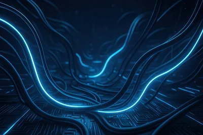 Abstract Glowing Blue Fiber Optic Cables On Circuit Board