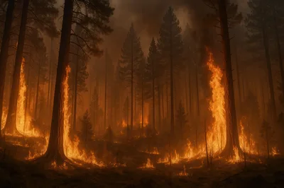 Intense Forest Fire Burning Through Dense Pine Woods