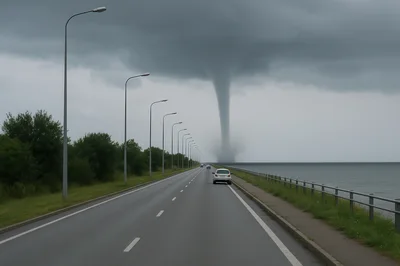 Tornado Approaching A Coastal Road With Moving Traffic